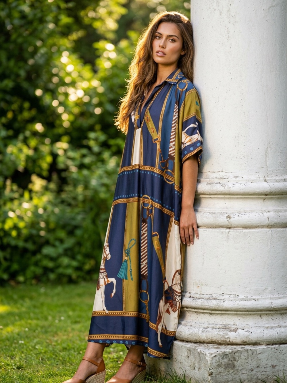 Cecile Wanf Satin Dress with Equestrian print